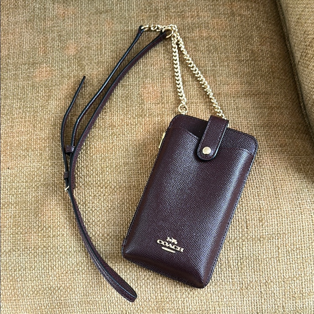 Coach Dark Brown Wristlet with Gold Chain